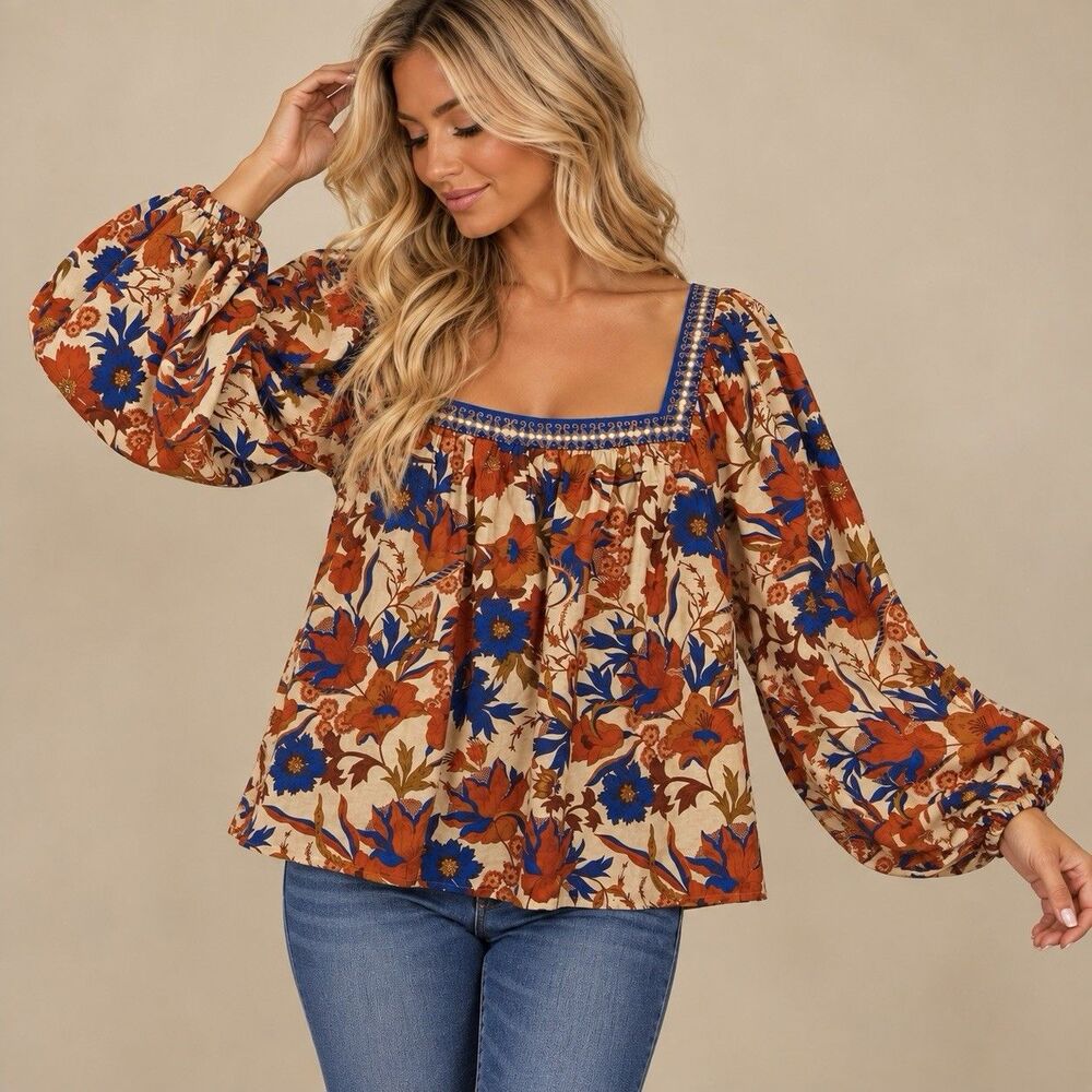 Flying Tomato Lauren Top Medium Floral Boho Balloon Sleeve Square Neck NWT